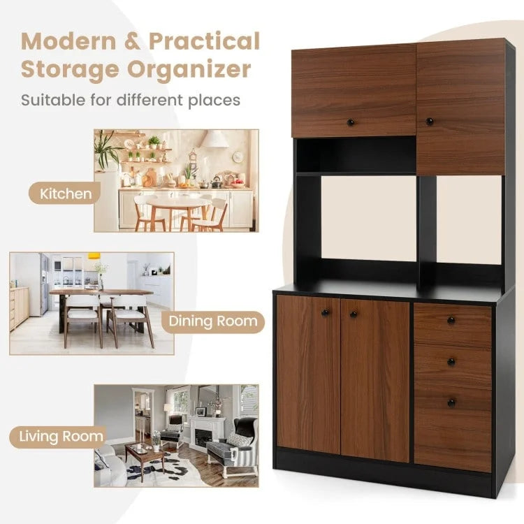 Armoire de cuisine autoportante blanche/noyer – 3 tiroirs, 3 armoires, 1 étagère ouverte