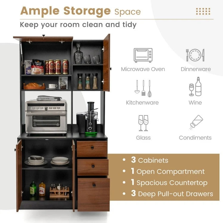 Armoire de cuisine autoportante blanche/noyer – 3 tiroirs, 3 armoires, 1 étagère ouverte