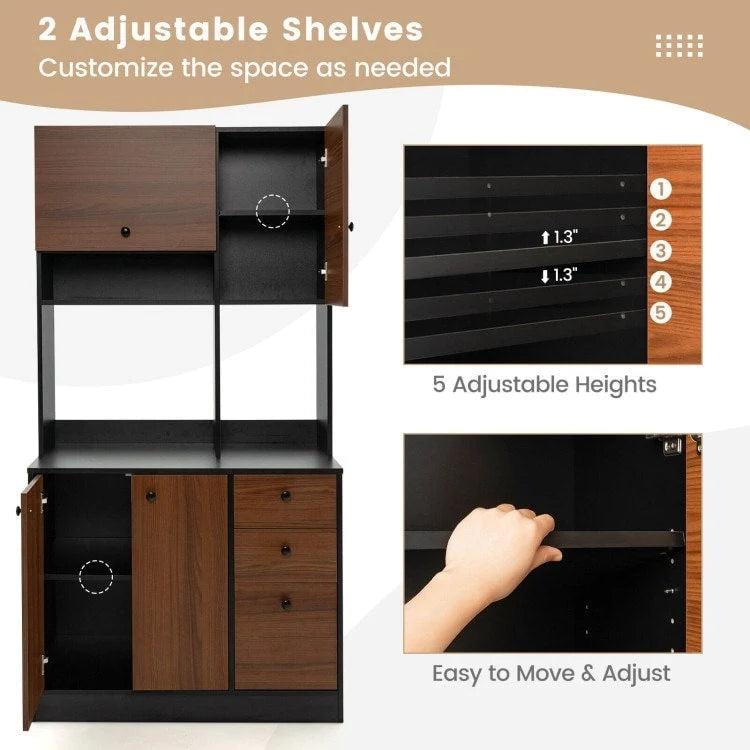 Armoire de cuisine autoportante blanche/noyer – 3 tiroirs, 3 armoires, 1 étagère ouverte