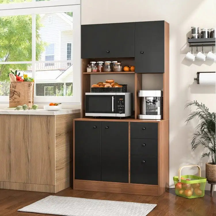 Armoire de cuisine autoportante blanche/noyer – 3 tiroirs, 3 armoires, 1 étagère ouverte