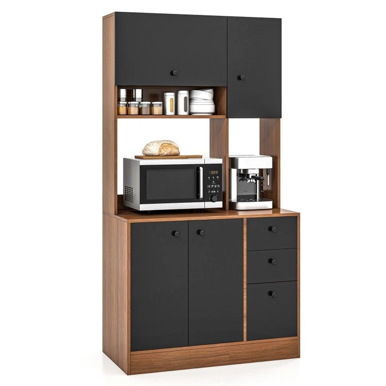 Armoire de cuisine autoportante blanche/noyer – 3 tiroirs, 3 armoires, 1 étagère ouverte