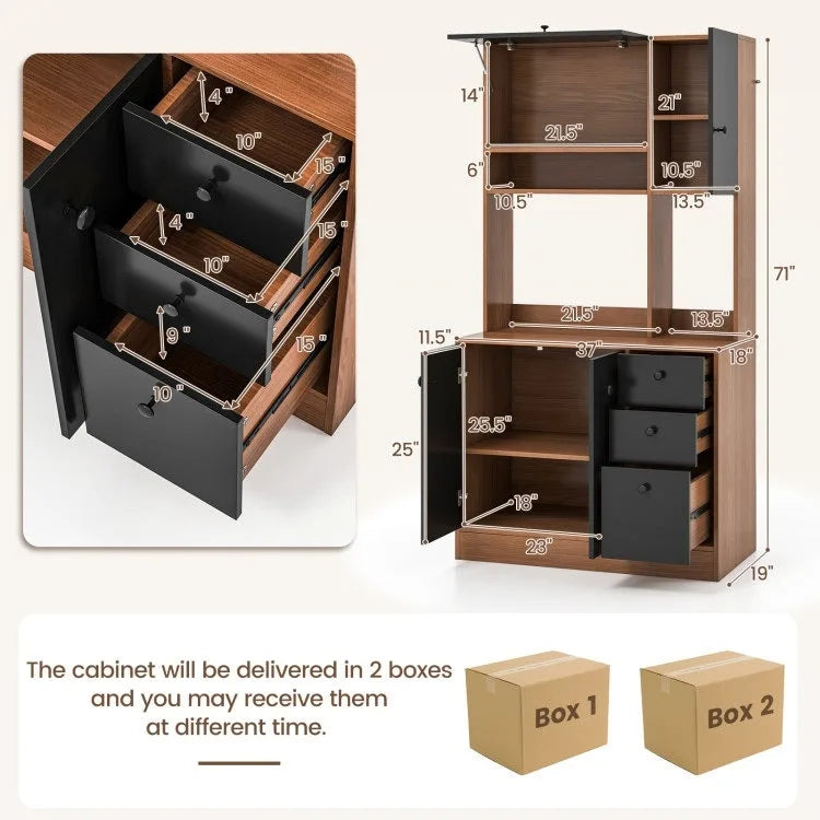 Armoire de cuisine autoportante blanche/noyer – 3 tiroirs, 3 armoires, 1 étagère ouverte