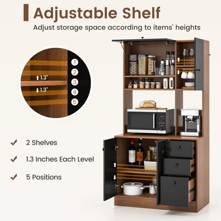Armoire de cuisine autoportante blanche/noyer – 3 tiroirs, 3 armoires, 1 étagère ouverte