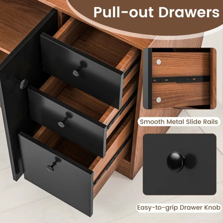 Armoire de cuisine autoportante blanche/noyer – 3 tiroirs, 3 armoires, 1 étagère ouverte