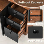 Armoire de cuisine autoportante blanche/noyer – 3 tiroirs, 3 armoires, 1 étagère ouverte