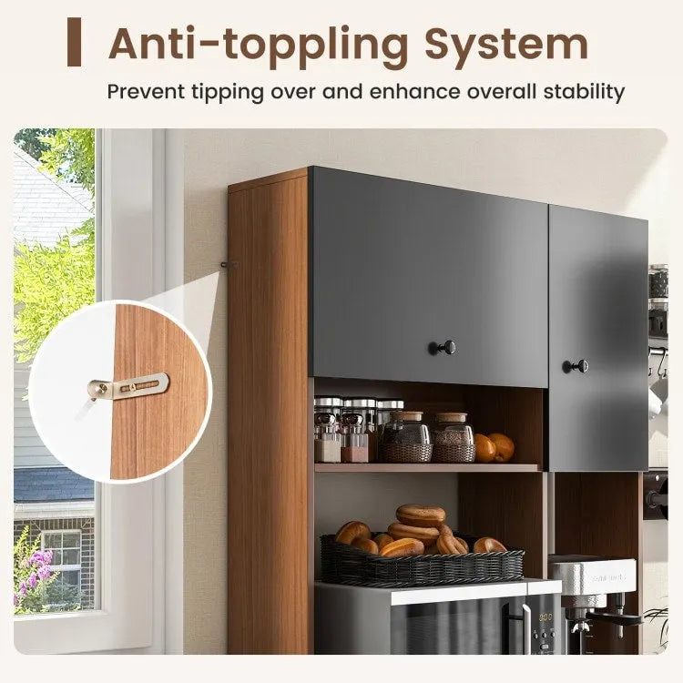 Armoire de cuisine autoportante blanche/noyer – 3 tiroirs, 3 armoires, 1 étagère ouverte
