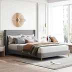 Lit plateforme queen en velours côtelé bleu / gris / beige, pour 2 personnes