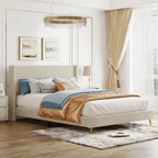 Lit plateforme queen en velours côtelé bleu / gris / beige, pour 2 personnes