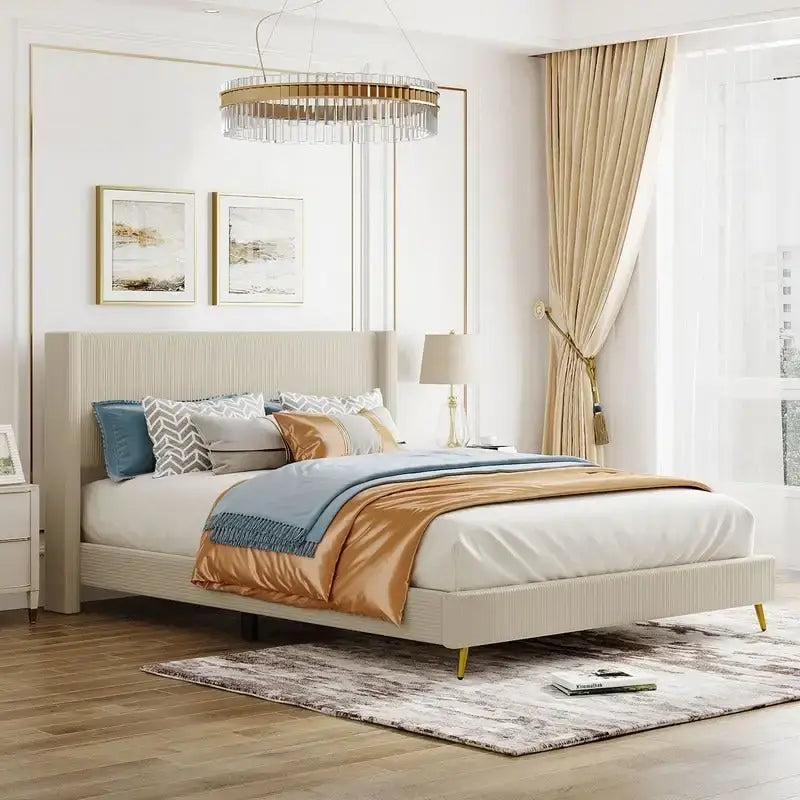 Lit plateforme queen en velours côtelé bleu / gris / beige, pour 2 personnes