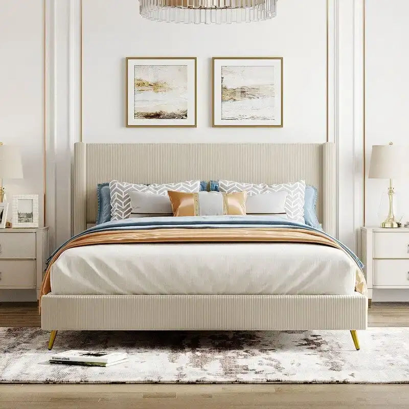Lit plateforme queen en velours côtelé bleu / gris / beige, pour 2 personnes