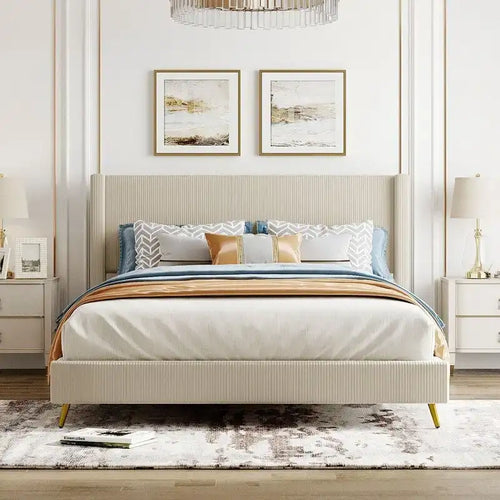 Lit plateforme queen en velours côtelé bleu / gris / beige, pour 2 personnes