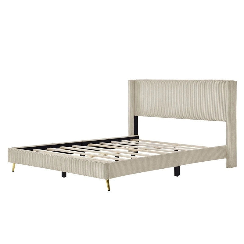 Lit plateforme queen en velours côtelé bleu / gris / beige, pour 2 personnes