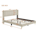 Lit plateforme queen en velours côtelé bleu / gris / beige, pour 2 personnes