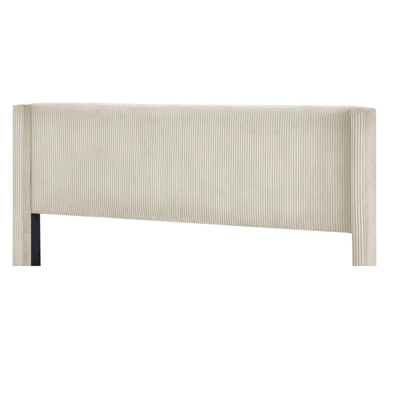 Lit plateforme queen en velours côtelé bleu / gris / beige, pour 2 personnes
