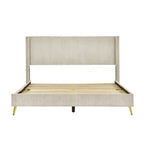 Lit plateforme queen en velours côtelé bleu / gris / beige, pour 2 personnes