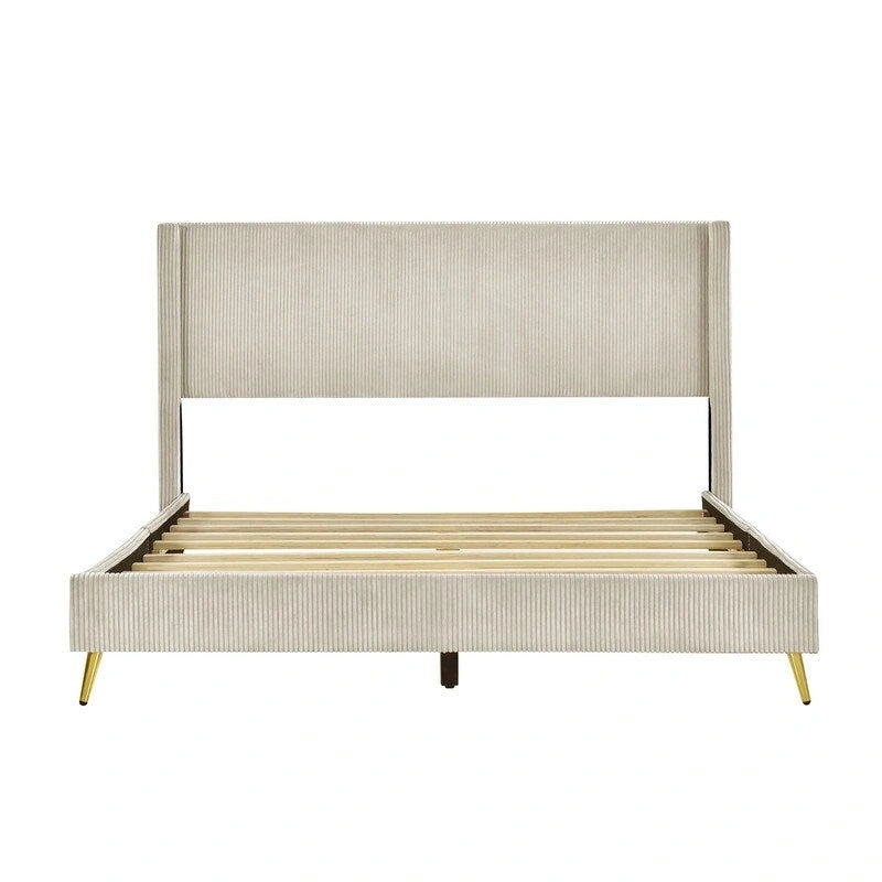 Lit plateforme queen en velours côtelé bleu / gris / beige, pour 2 personnes