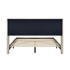 Lit plateforme queen en velours côtelé bleu / gris / beige, pour 2 personnes