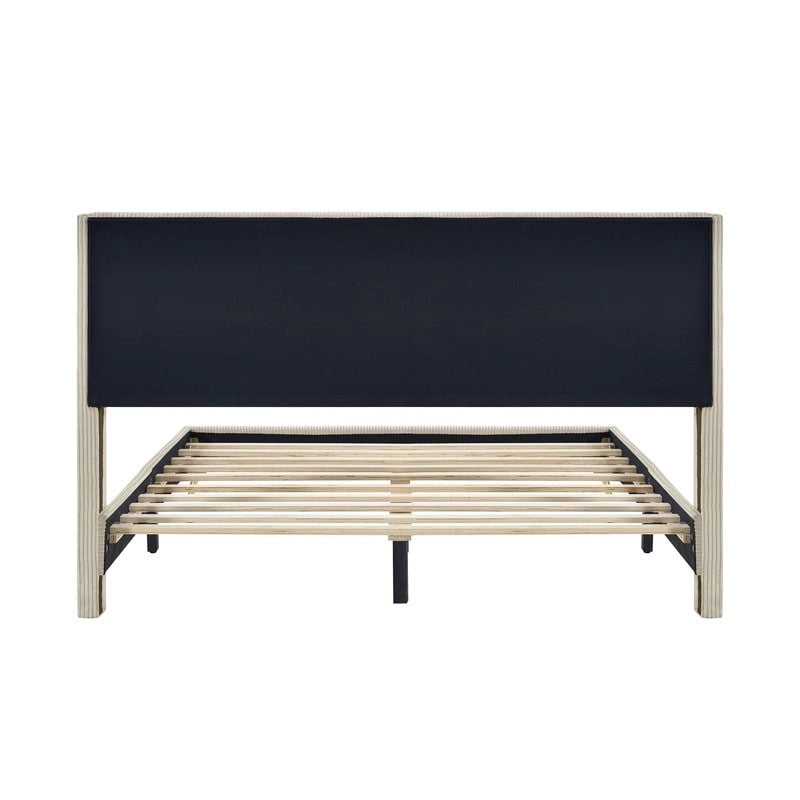 Lit plateforme queen en velours côtelé bleu / gris / beige, pour 2 personnes