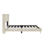 Lit plateforme queen en velours côtelé bleu / gris / beige, pour 2 personnes