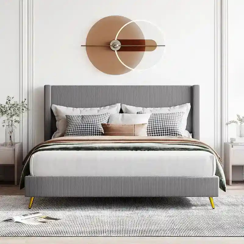 Lit plateforme queen en velours côtelé bleu / gris / beige, pour 2 personnes
