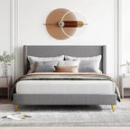 Lit plateforme queen en velours côtelé bleu / gris / beige, pour 2 personnes