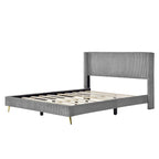 Lit plateforme queen en velours côtelé bleu / gris / beige, pour 2 personnes