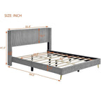 Lit plateforme queen en velours côtelé bleu / gris / beige, pour 2 personnes