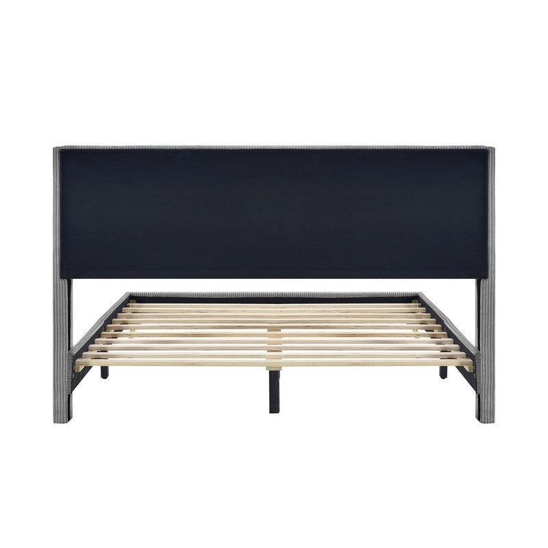 Lit plateforme queen en velours côtelé bleu / gris / beige, pour 2 personnes