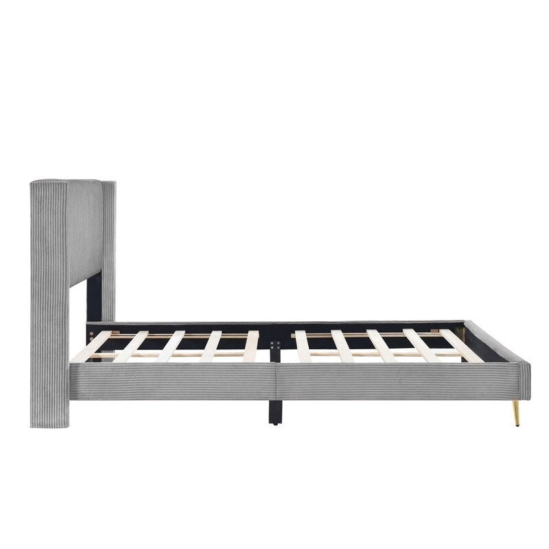 Lit plateforme queen en velours côtelé bleu / gris / beige, pour 2 personnes