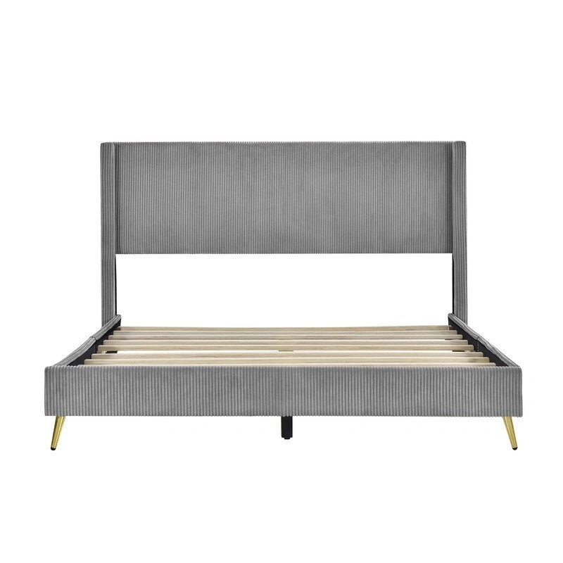 Lit plateforme queen en velours côtelé bleu / gris / beige, pour 2 personnes