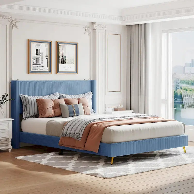 Lit plateforme queen en velours côtelé bleu / gris / beige, pour 2 personnes