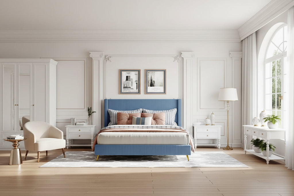 Lit plateforme queen en velours côtelé bleu / gris / beige, pour 2 personnes