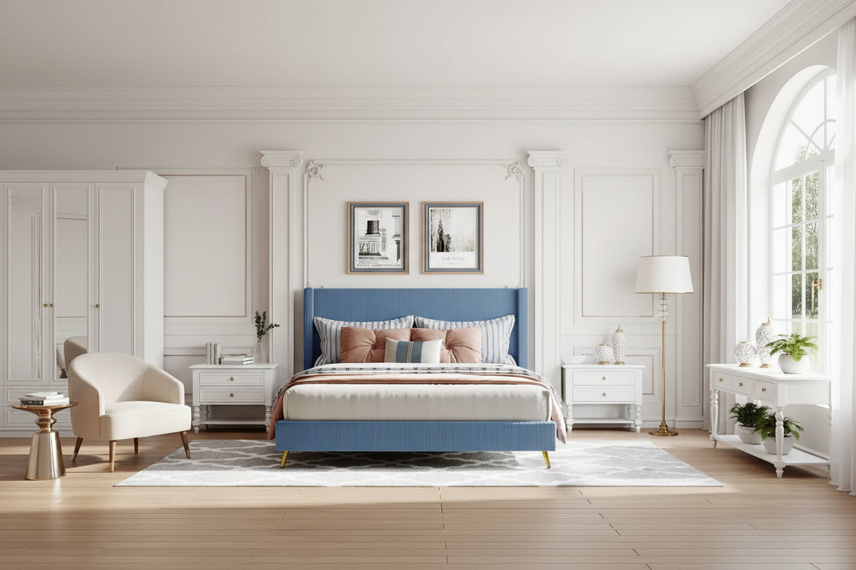 Lit plateforme queen en velours côtelé bleu / gris / beige, pour 2 personnes