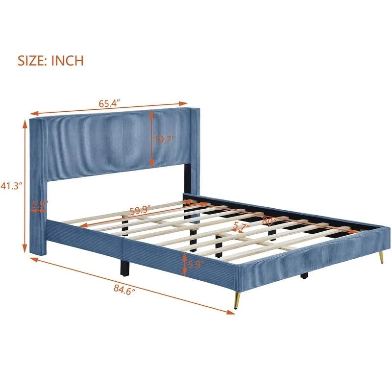 Lit plateforme queen en velours côtelé bleu / gris / beige, pour 2 personnes