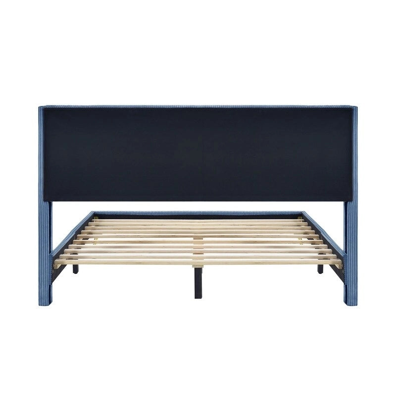 Lit plateforme queen en velours côtelé bleu / gris / beige, pour 2 personnes