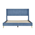 Lit plateforme queen en velours côtelé bleu / gris / beige, pour 2 personnes