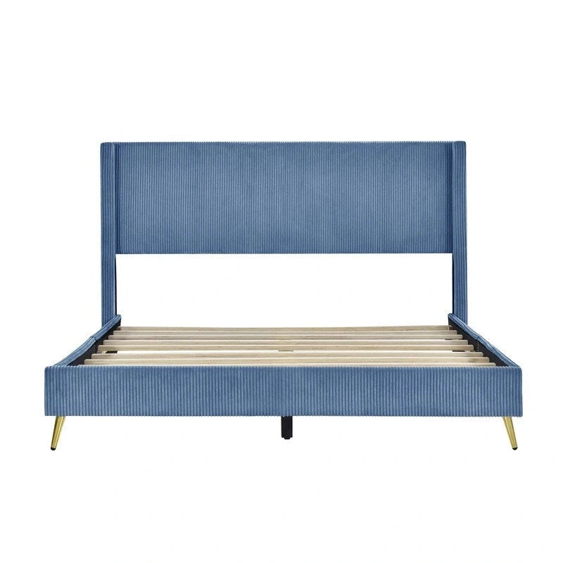 Lit plateforme queen en velours côtelé bleu / gris / beige, pour 2 personnes