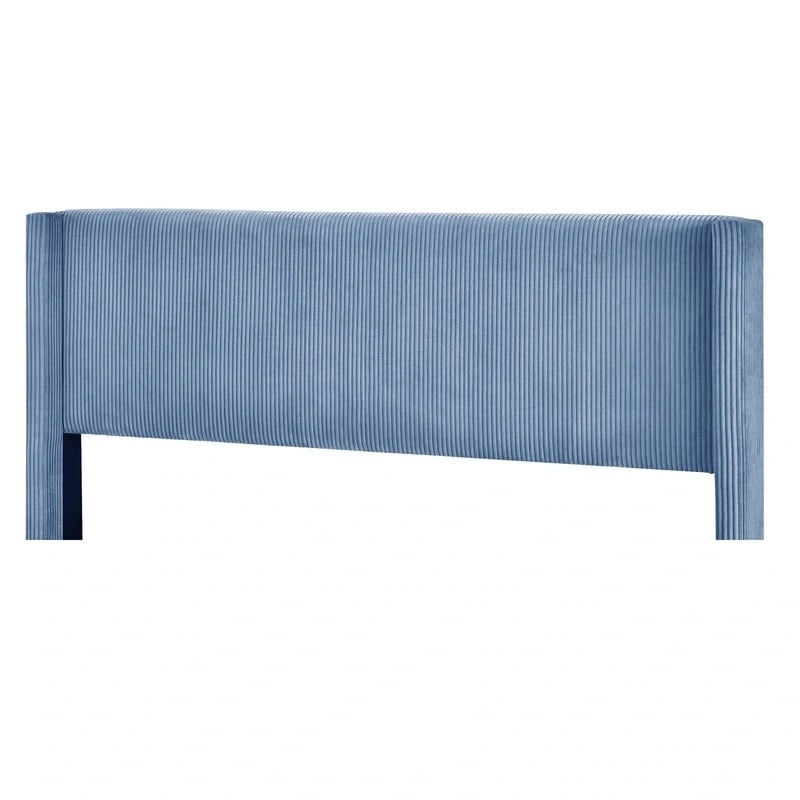 Lit plateforme queen en velours côtelé bleu / gris / beige, pour 2 personnes