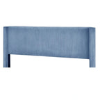 Lit plateforme queen en velours côtelé bleu / gris / beige, pour 2 personnes