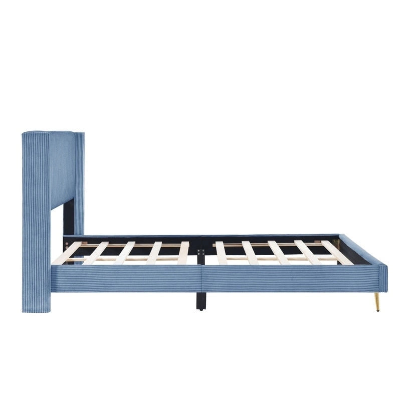 Lit plateforme queen en velours côtelé bleu / gris / beige, pour 2 personnes