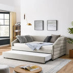 Lit de repos capitonné en lin beige/gris avec lit gigogne, pour 2 personnes