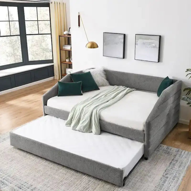 Lit de repos capitonné en lin beige/gris avec lit gigogne, pour 2 personnes