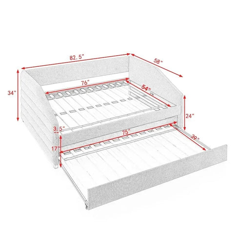 Lit de repos capitonné en lin beige/gris avec lit gigogne, pour 2 personnes