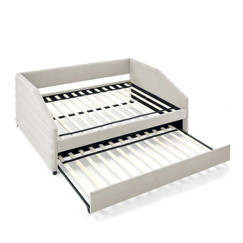 Lit de repos capitonné en lin beige/gris avec lit gigogne, pour 2 personnes