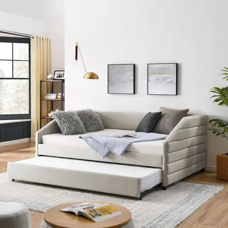 Lit de repos capitonné en lin beige/gris avec lit gigogne, pour 2 personnes