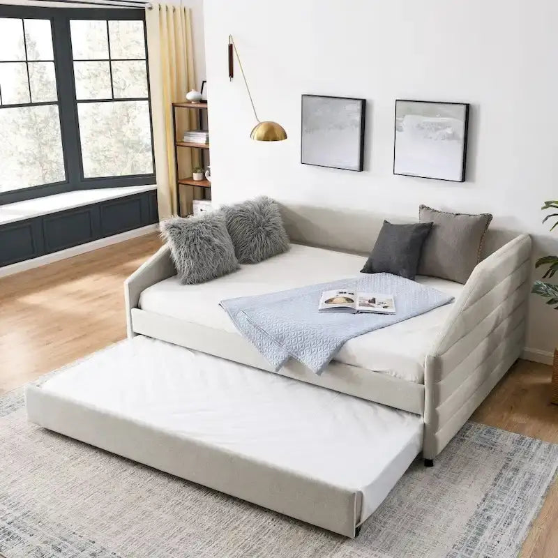 Lit de repos capitonné en lin beige/gris avec lit gigogne, pour 2 personnes