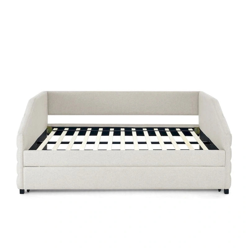 Lit de repos capitonné en lin beige/gris avec lit gigogne, pour 2 personnes
