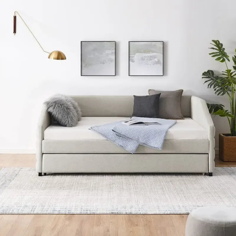 Lit de repos capitonné en lin beige/gris avec lit gigogne, pour 2 personnes