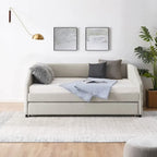 Lit de repos capitonné en lin beige/gris avec lit gigogne, pour 2 personnes
