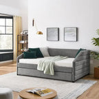 Lit de repos capitonné en lin beige/gris avec lit gigogne, pour 2 personnes